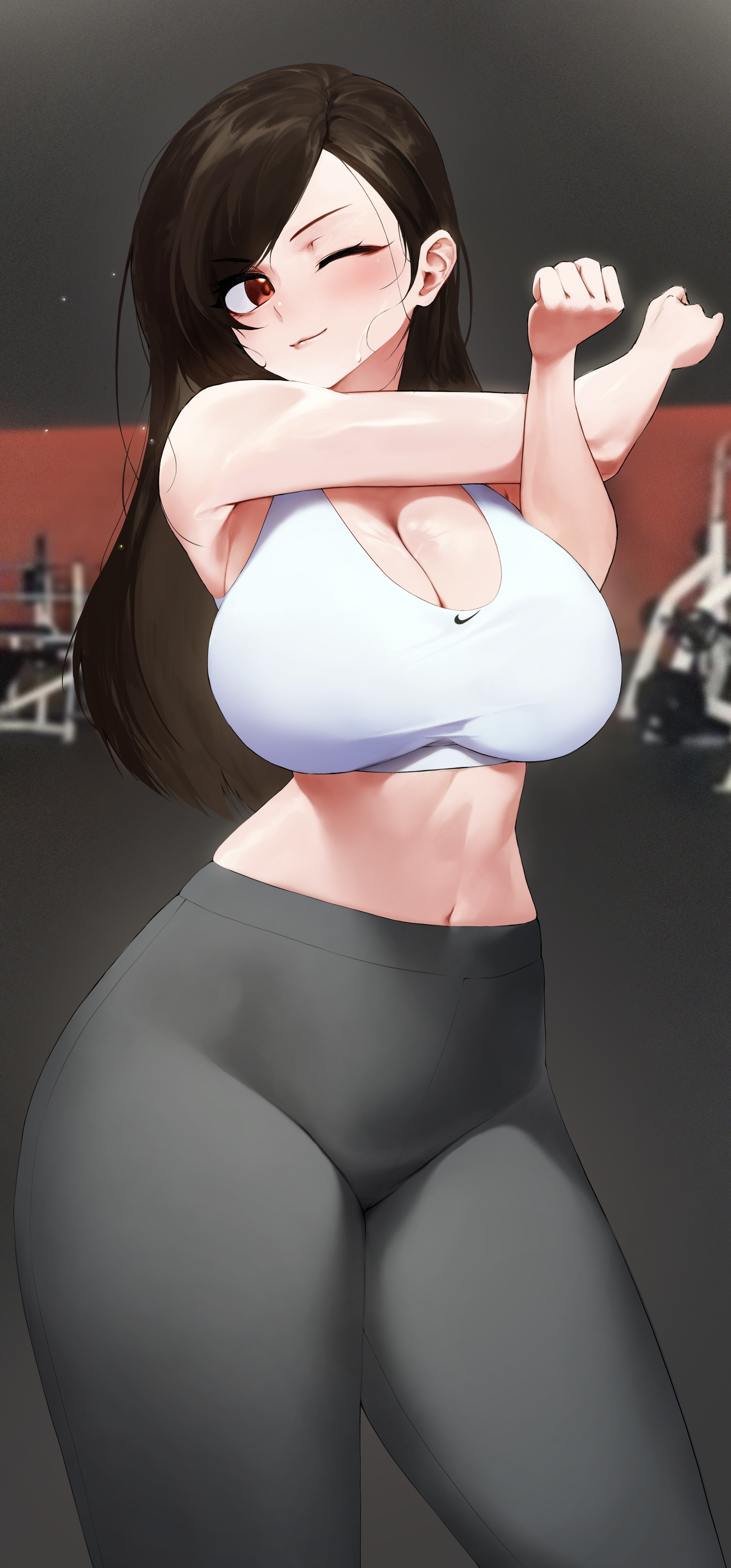 yohu08, tifa lockhart, final fantasy, final fantasy vii, absurdres, commentary, commission, english commentary, highres, 1girl, alternate costume, armpit crease, bare arms, bare shoulders, black hair, blurry, blurry background, blush, breasts, cleavage, closed mouth, crop top, feet out of frame, grey pants, gym, hair behind ear, indoors, large breasts, long hair, looking at viewer, midriff, narrow waist, navel, one eye closed, pants, red eyes, shiny skin, solo, sports bra, sportswear, stretching, sweat, swept bangs, thighs, tight clothes, tight pants, white sports bra, wide hips, yoga pants