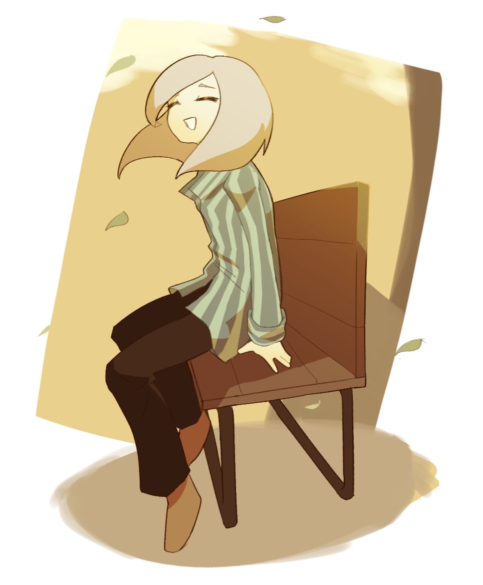 sasibowol, kamiki akinari, persona, persona 3, 1boy, bench, black pants, closed eyes, falling leaves, floating hair, full body, green shirt, grey hair, leaf, long hair, long sleeves, male focus, on bench, open mouth, outdoors, pants, shirt, simple background, sitting, sky, smile, solo, striped clothes, striped shirt, vertical-striped clothes, vertical-striped shirt, white background, wooden bench, yellow sky