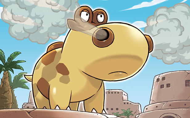 komayama akira, hippopotas, hippopotas (male), nintendo, pokemon, pokemon tcg, official art, third-party source, animal focus, blue sky, building, closed mouth, cloud, day, full body, gen 4 pokemon, no humans, nostrils, outdoors, palm tree, pokemon (creature), pokemon focus, sky, solo, tree