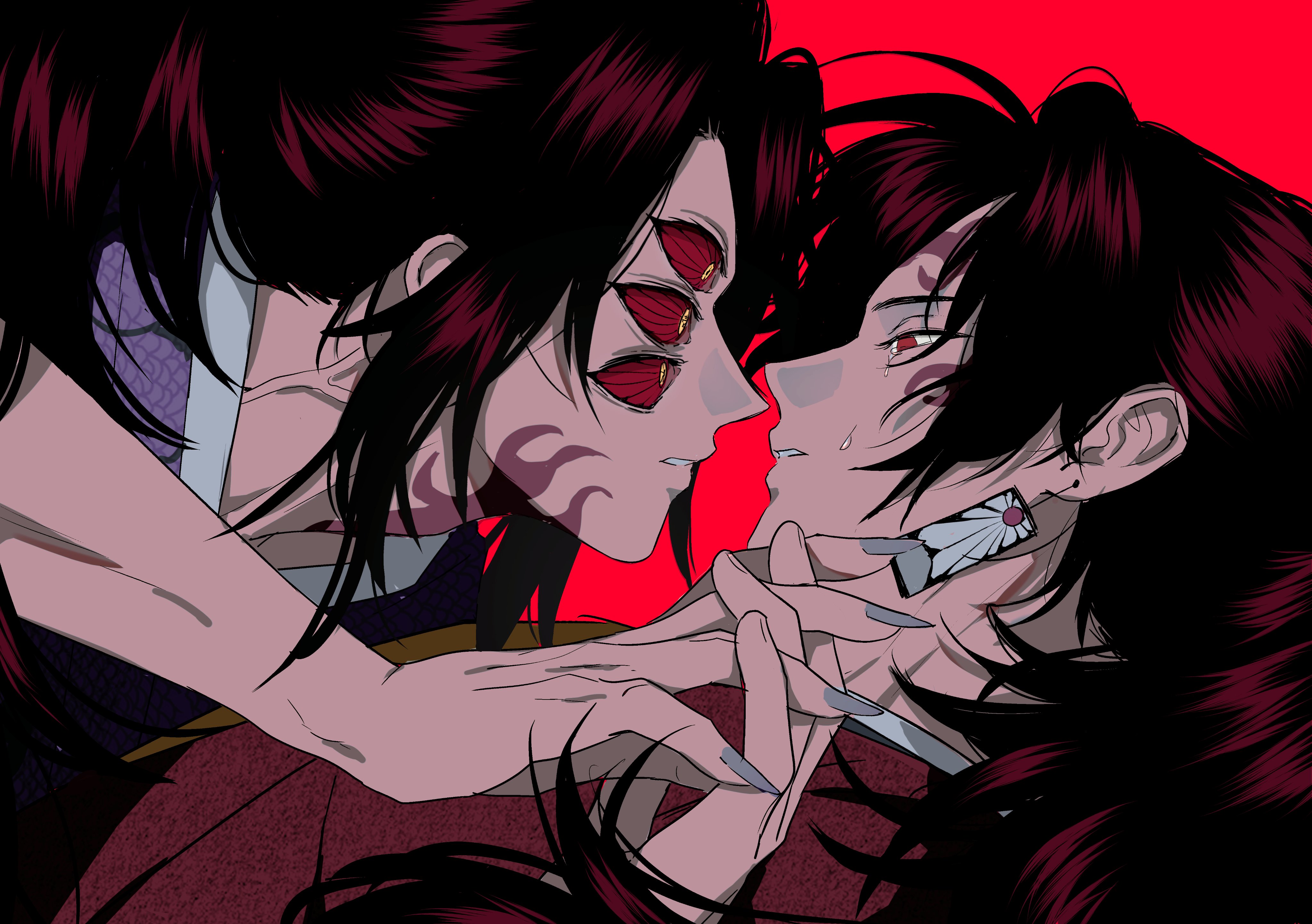b bcollector, kokushibou, tsugikuni yoriichi, kimetsu no yaiba, absurdres, highres, 2boys, colored sclera, extra eyes, facial tattoo, fingernails, grey nails, haori, high ponytail, holding hands, japanese clothes, kimono, long hair, looking at another, male focus, multiple boys, parted lips, ponytail, profile, purple kimono, red background, red eyes, red hair, red haori, red sclera, simple background, sweat, tattoo, teeth, veiny neck, very long hair, yellow eyes