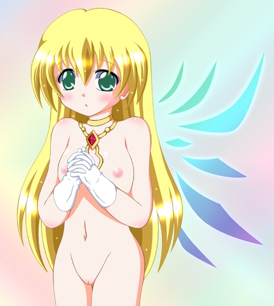 colette brunel, tales of (series), tales of symphonia, 00s, 1girl, blonde hair, blush, breasts, cowboy shot, female focus, gloves, green eyes, jewelry, long hair, medium breasts, navel, necklace, nipples, nude, pussy, solo, uncensored, white gloves, wings