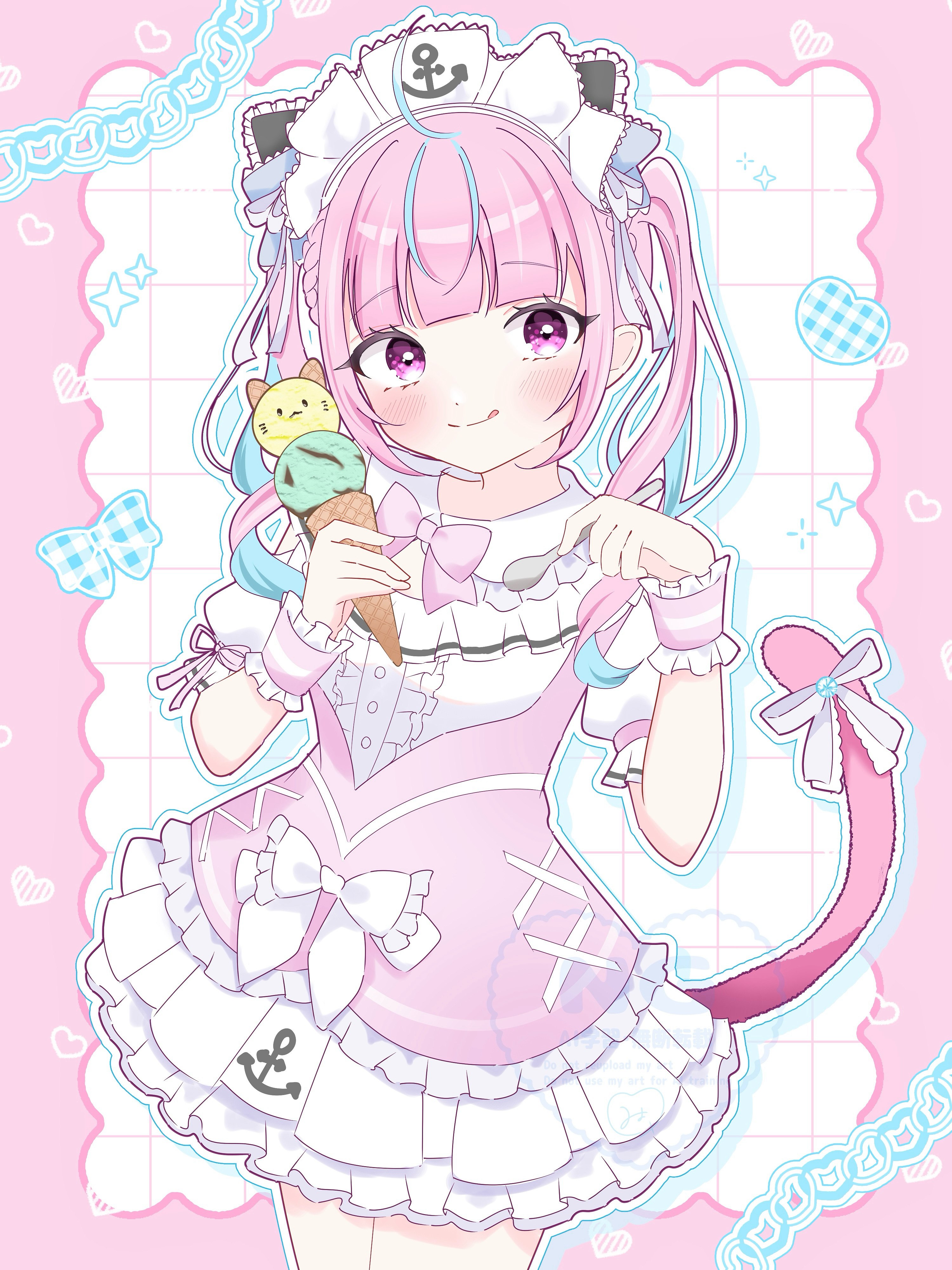 minato aqua, minato aqua (8th costume), hololive, absurdres, highres, 1girl, ahoge, anchor print, anchor symbol, blush, bow, bowtie, cat tail, dress, food, frilled wrist cuffs, frills, heart, ice cream, long hair, looking to the side, maid headdress, mimyon, multicolored hair, official alternate costume, pink bow, pink bowtie, pink dress, pink hair, pink wrist cuffs, simple background, smile, solo, streaked hair, striped clothes, striped wrist cuffs, tail, twintails, two-tone hair, virtual youtuber, white headdress, wrist cuffs