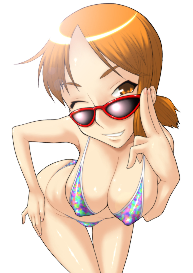 nami (one piece), one piece, bikini, covered erect nipples, sunglasses, swimsuit, wink