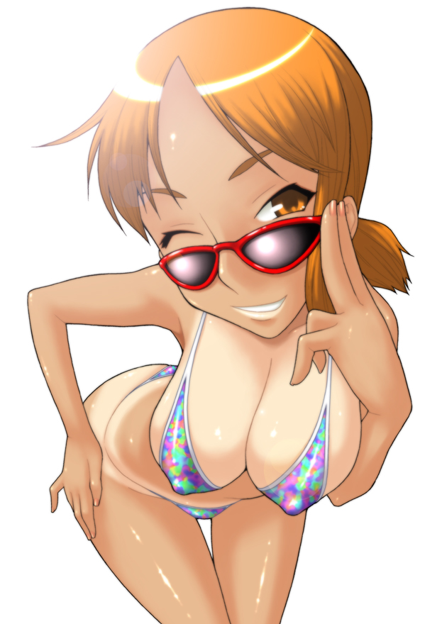 nami (one piece), one piece, bikini, covered erect nipples, sunglasses, swimsuit, tan, tanline