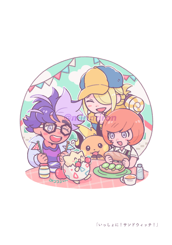mirinrironronron, jacq (pokemon), raichu, togepi, trevor (pokemon), volo (pokemon), nintendo, pokemon, pokemon legends: arceus, pokemon masters ex, pokemon sv, pokemon xy, 3boys, backpack, bag, blonde hair, food, gen 1 pokemon, gen 2 pokemon, ginkgo guild uniform, hair over one eye, hexagonal eyewear, male focus, multiple boys, one eye closed, open mouth, orange hair, pokemon (creature), purple hair, sandwich, string of flags