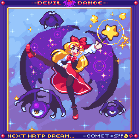 comet summoner98, elis (touhou), evil eye (touhou), touhou, touhou (pc-98), lowres, 1girl, bat wings, black pantyhose, blonde hair, bow, flower, hair bow, hair flower, hair ornament, long hair, long sleeves, open mouth, pantyhose, pixel art, pointy ears, red bow, red shoes, red skirt, shirt, shoes, skirt, smile, solo, star (sky), star (symbol), vest, wand, white shirt, wings