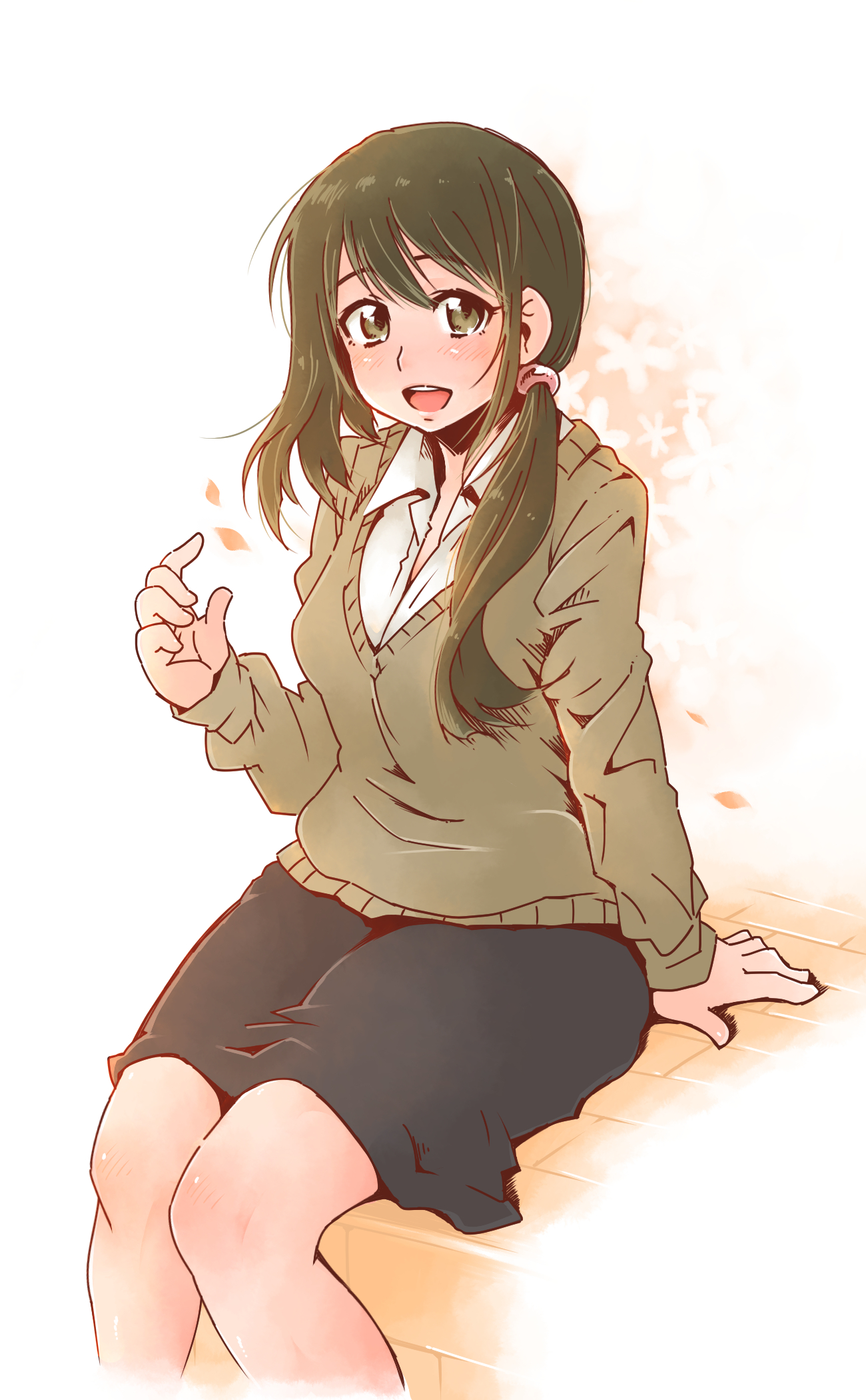 tobatoinu, nagase jun, kami nomi zo shiru sekai, commentary request, highres, partial commentary, 1girl, :d, arm support, asymmetrical hair, black skirt, blush, breasts, brown eyes, brown hair, brown sweater, collared shirt, falling petals, feet out of frame, hair over shoulder, hair tie, hand up, hatching (texture), large breasts, linear hatching, long hair, long sleeves, looking at viewer, looking to the side, open collar, open mouth, petals, ponytail, raised eyebrows, shirt, sitting, skirt, smile, solo, sweater, v-neck, white background, white shirt