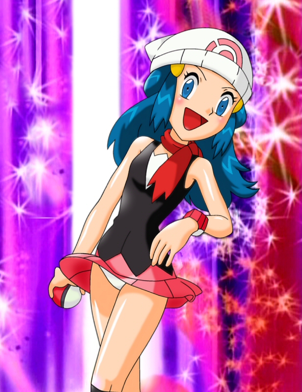 dawn (pokemon), nintendo, pokemon, 1girl, :d, bare shoulders, black socks, blue eyes, blue hair, blush, breasts, clothes lift, female focus, hair ornament, hat, holding, kneehighs, long hair, looking at viewer, matching hair/eyes, miniskirt, open mouth, panties, pantyshot, poke ball, poke ball print, scarf, sidelocks, skirt, skirt lift, small breasts, smile, socks, solo, sparkle, standing, underwear, upskirt, white panties, wind, wind lift