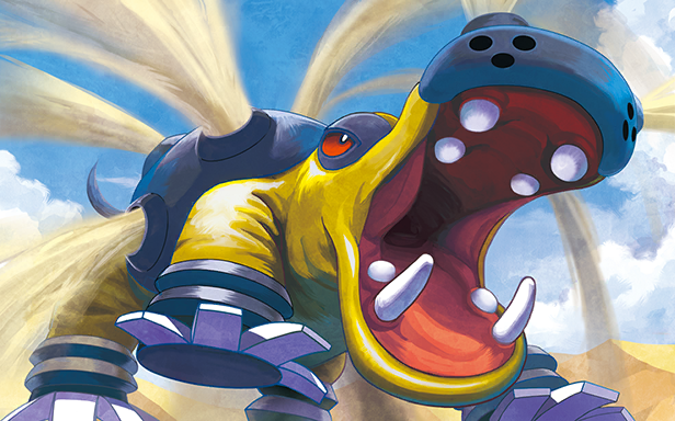 itou keiichirou, hippowdon, hippowdon (male), nintendo, pokemon, pokemon tcg, official art, third-party source, animal focus, blue sky, cloud, day, fangs, gen 4 pokemon, no humans, open mouth, outdoors, pokemon (creature), pokemon focus, sand, sky, solo, teeth