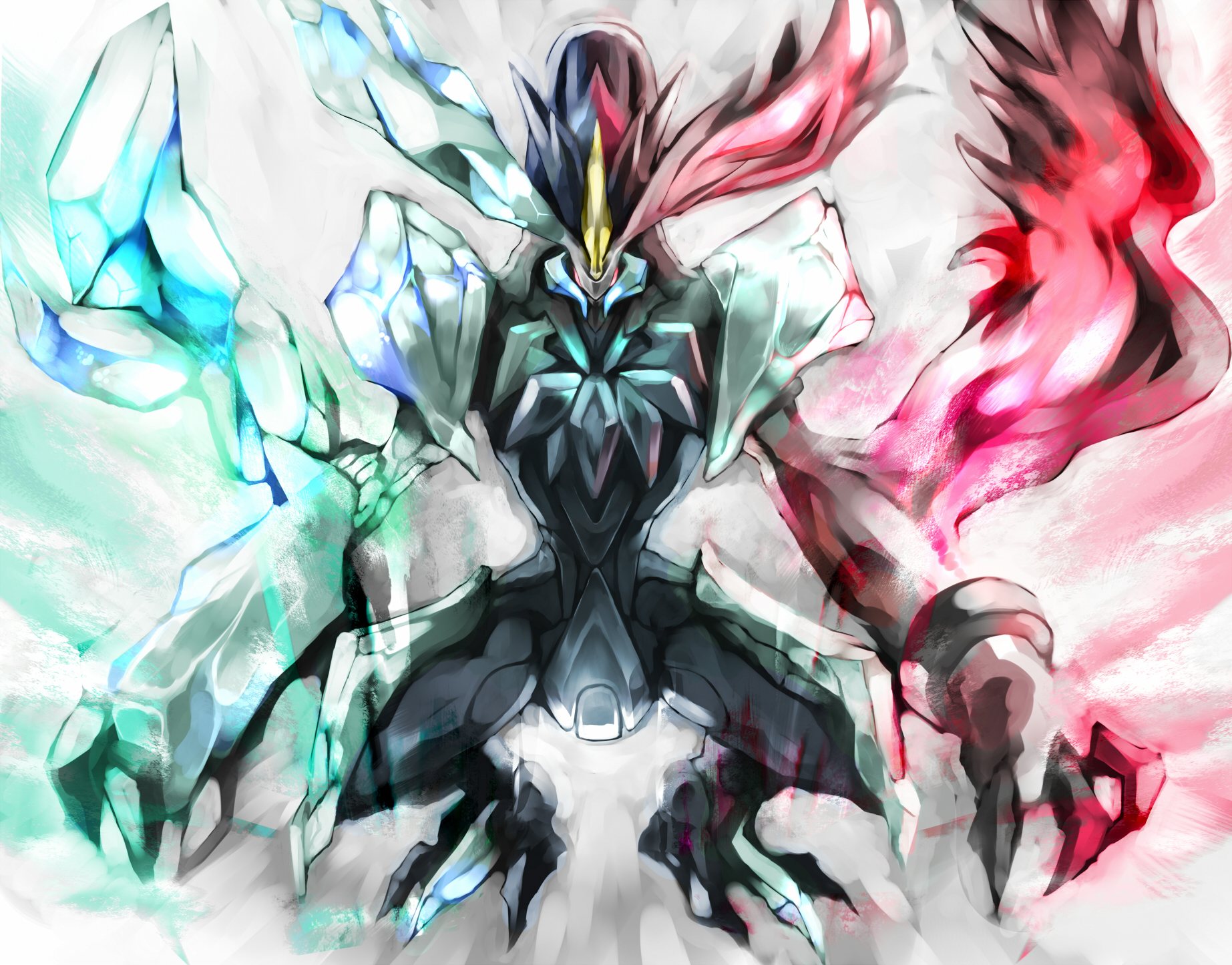 zwei (santanawamuujojo), kyurem, white kyurem, nintendo, pokemon, pokemon bw2, highres, armor, black claws, breastplate, claws, dragon, facing viewer, gen 5 pokemon, ice, leg armor, legendary pokemon, light particles, looking at viewer, pokemon (creature), pokemon focus, realified, red eyes, shoulder plates, spread legs, two-tone background, white background