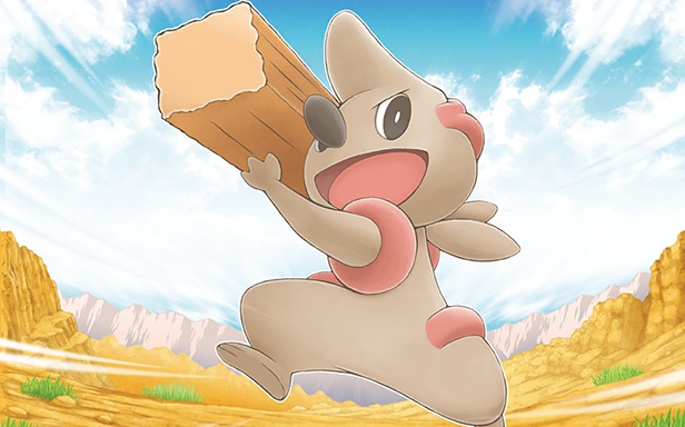 mizue, timburr, nintendo, pokemon, pokemon tcg, official art, third-party source, black eyes, blue sky, bright pupils, cloud, day, gen 5 pokemon, grass, holding, open mouth, outdoors, pokemon (creature), pokemon focus, sky, smile, solo, white pupils, wooden beam