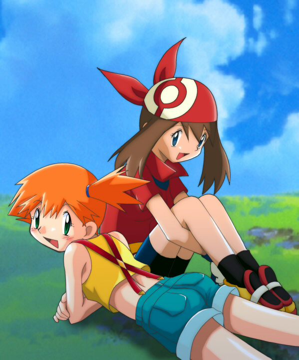 gambler club, may (pokemon), misty (pokemon), nintendo, pokemon, 2girls, ass, bandana, brown hair, multiple girls, orange hair, panties, side ponytail, suspenders, underwear