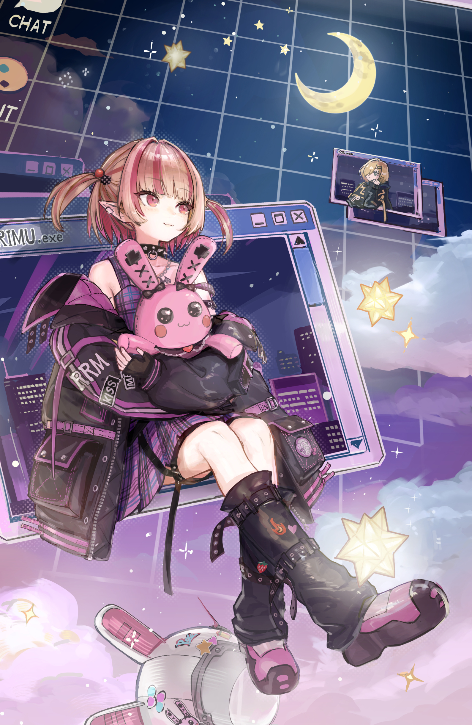 paserin ekaku, makaino ririmu, makaino ririmu (6th costume), uzuki kou, uzuki kou (5th costume), nijisanji, absurdres, commentary request, highres, 1boy, 1girl, black gloves, black jacket, blonde hair, building, chain, chain necklace, cloud, collar, crescent, doll, fingerless gloves, gloves, helmet, holding, holding doll, jacket, jewelry, light smile, multicolored hair, necklace, night, off shoulder, pink eyes, pink hair, plaid clothes, plaid shirt, plaid skirt, pointy ears, shirt, short hair, skirt, spiked collar, spikes, star (sky), stellated octahedron, streaked hair, stuffed animal, stuffed toy, two-tone hair, two side up, unworn headwear, unworn helmet, virtual youtuber, window (computing)