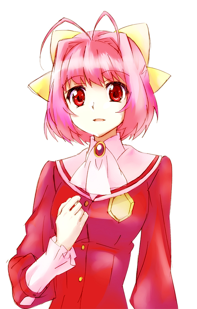 tomoyo (tmy), nakagawa kanon, kami nomi zo shiru sekai, commentary request, 1girl, antenna hair, arm at side, ascot, bow, breasts, brooch, gem, hair bow, hair intakes, hand up, jacket, jewelry, large bow, large breasts, long sleeves, looking at viewer, open mouth, pink hair, red eyes, red gemstone, red jacket, sailor collar, school uniform, shirt, short hair, simple background, solo, three-quarter sleeves, upper body, white ascot, white background, white sailor collar, white shirt, yellow bow