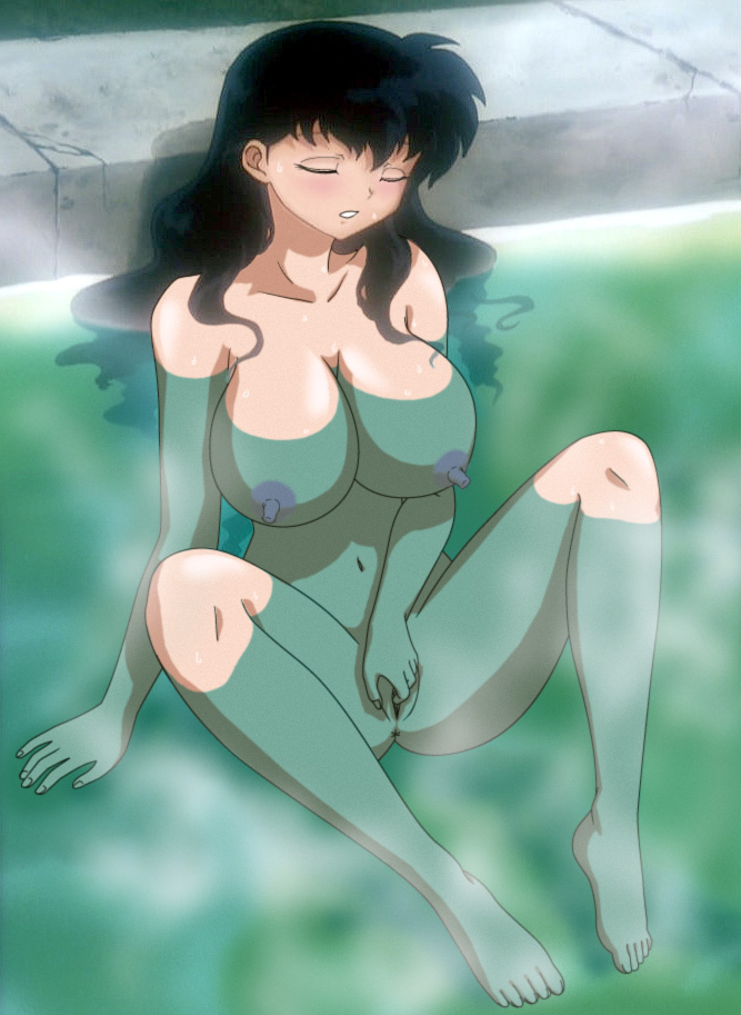 higurashi kagome, inuyasha, anime screenshot, third-party edit, 1girl, anus, barefoot, bath, black hair, breasts, closed eyes, feet, female focus, female masturbation, huge breasts, long hair, masturbation, navel, nipples, nude, partially submerged, pussy, solo, toes, uncensored