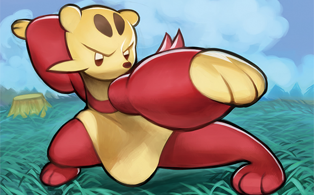 match (idleslumber), mienfoo, nintendo, pokemon, pokemon tcg, official art, third-party source, blue sky, cloud, day, fighting stance, full body, gen 5 pokemon, grass, outdoors, pokemon (creature), pokemon focus, sky, solo, tree stump
