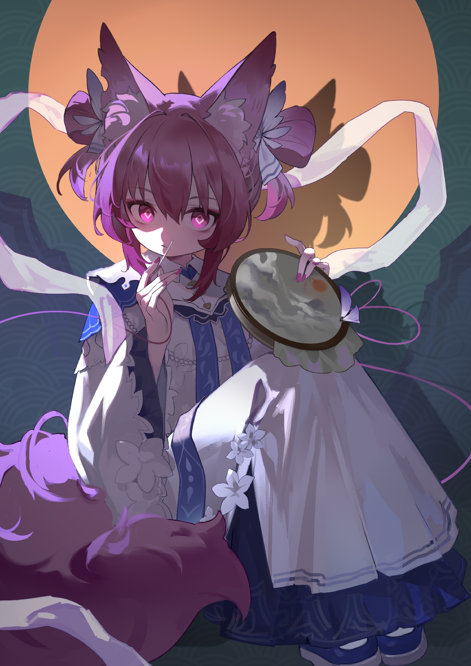 shio (shiofeifei), shamare (arknights), shamare (celestial crane) (arknights), arknights, chinese commentary, commentary request, highres, 1girl, animal ear fluff, animal ears, double bun, dress, fox ears, fox girl, fox tail, full body, hair bun, long dress, looking at viewer, nail polish, official alternate costume, purple eyes, purple hair, purple nails, short hair, solo, tail