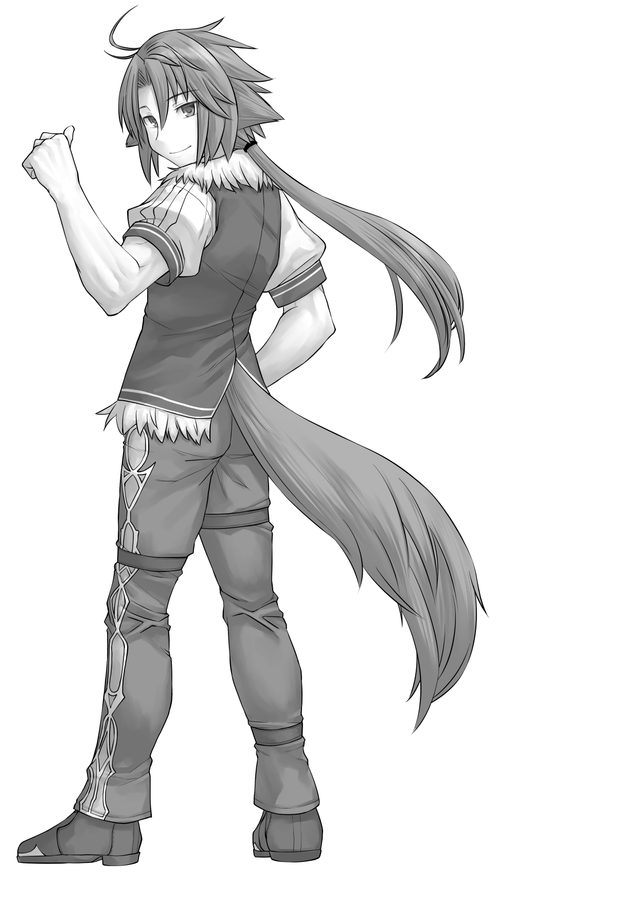 kasuga yukihito, werewolf lore, emil chronicle online, highres, 1boy, ahoge, belt, boots, from behind, hand on own hip, looking back, low ponytail, pants, ponytail, shirt, solo, spiked hair, standing, tail, thumbs up, vest, wolf boy, wolf tail
