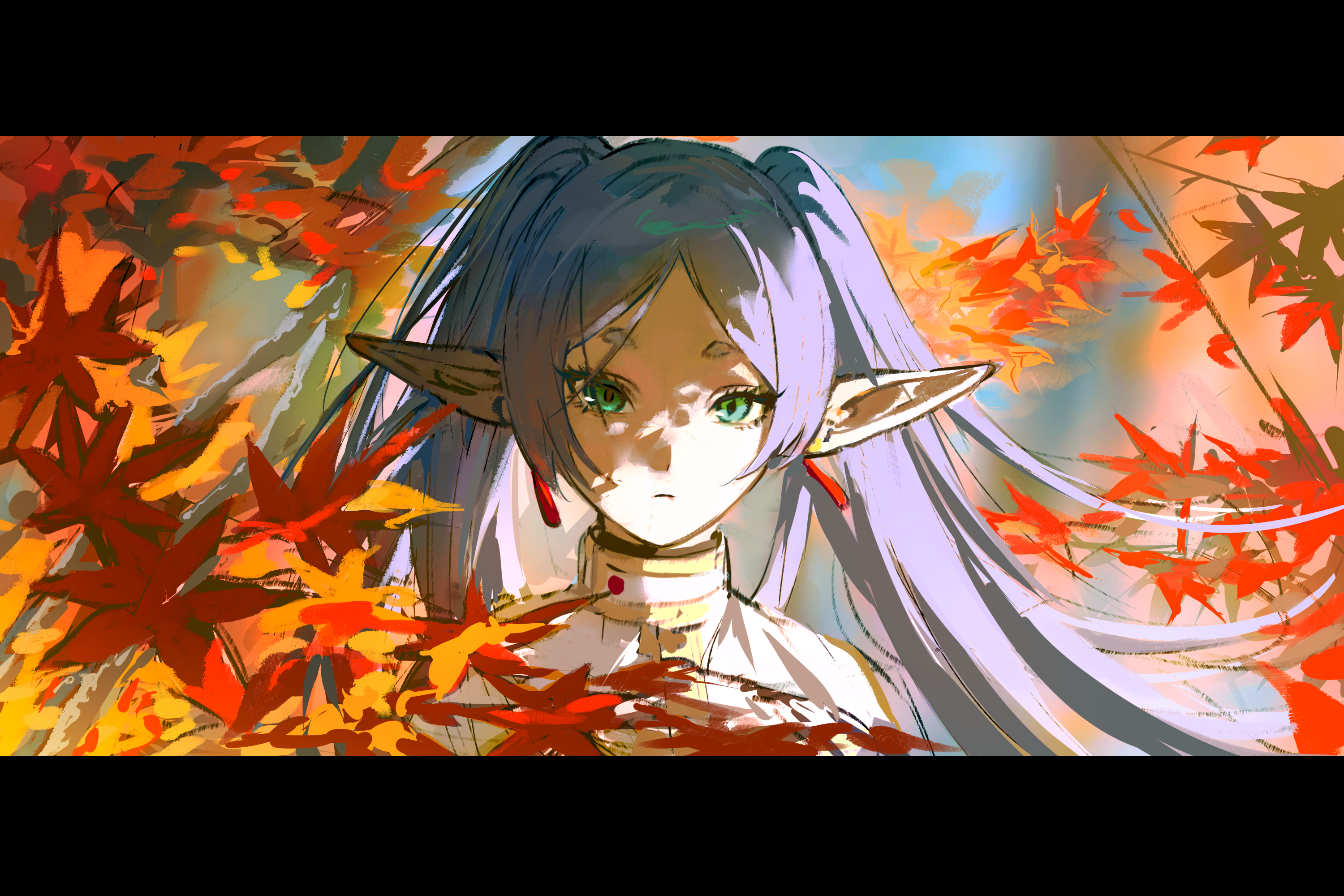 li nauu, frieren, sousou no frieren, highres, 1girl, autumn leaves, blurry, blurry background, branch, capelet, depth of field, earrings, elf, green eyes, grey hair, jewelry, leaf, letterboxed, light frown, long hair, looking at viewer, medium hair, nature, parted bangs, pointy ears, portrait, shadow, solo, standing, thick eyebrows, twintails, white capelet