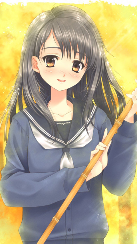 touto seiro, non-web source, 1girl, bamboo broom, black hair, broom, brown eyes, female focus, forest, long hair, nature, school uniform, serafuku, solo