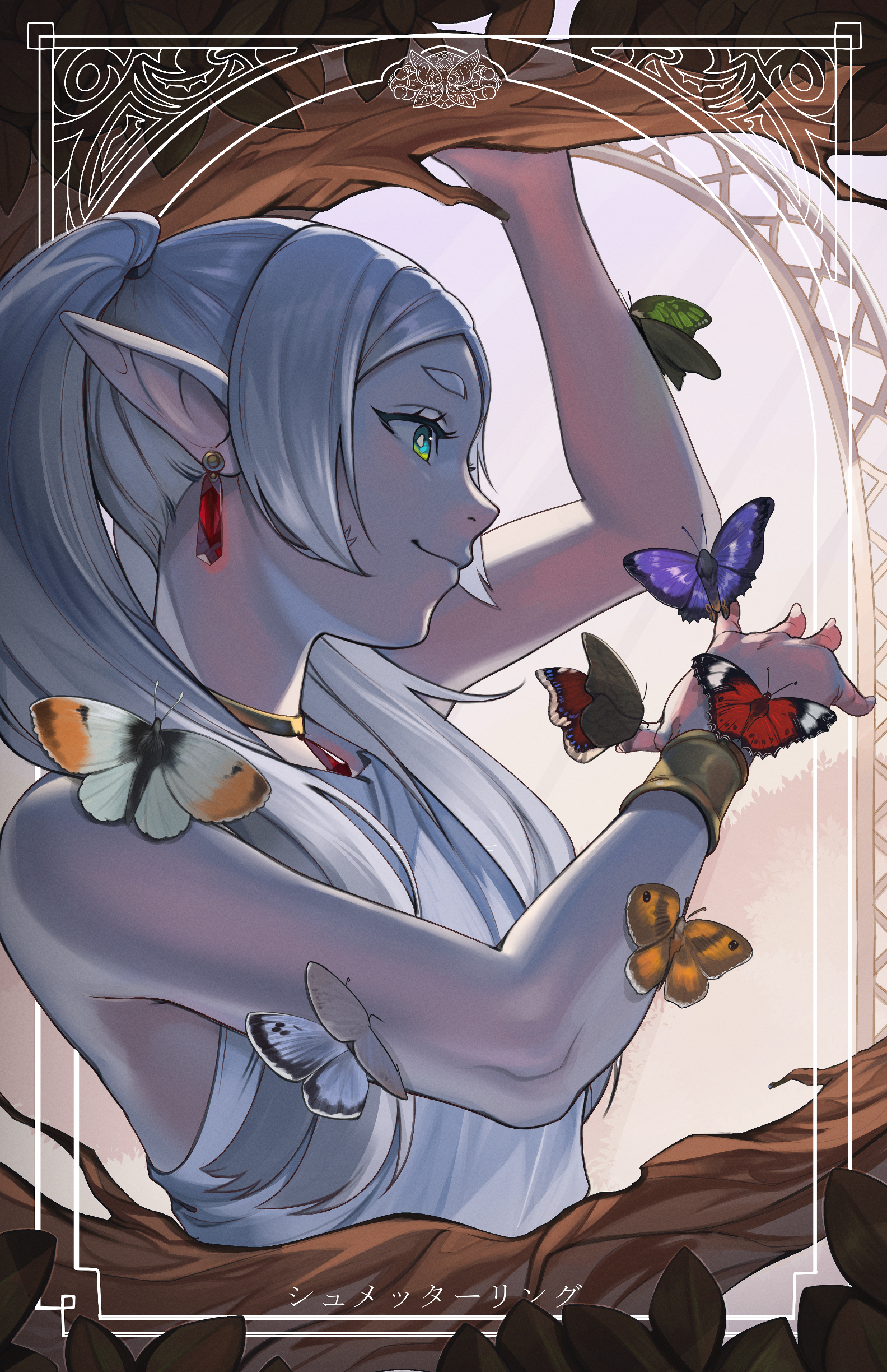 voodoothur, frieren, sousou no frieren, absurdres, highres, translation request, 1girl, arm up, bracelet, bug, butterfly, butterfly on hand, dress, earrings, elf, flat chest, floating earrings, from side, gold choker, green eyes, grey hair, in tree, insect, jewelry, long hair, pendant choker, pointy ears, short eyebrows, single bracelet, sleeveless, sleeveless dress, smile, solo, too many, too many butterflies, tree, twintails, white dress