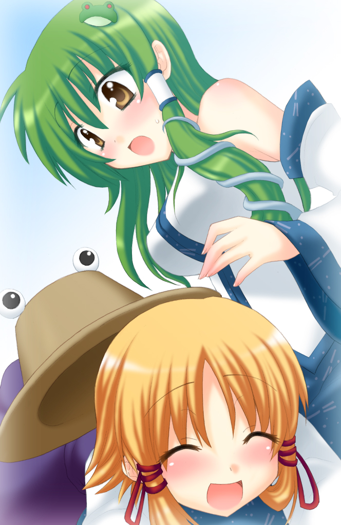 saki chisuzu, kochiya sanae, moriya suwako, touhou, 2girls, :d, ^ ^, bare shoulders, blonde hair, blush, breasts, brown eyes, closed eyes, female focus, frog, gradient background, green hair, happy, hat, long hair, multiple girls, open mouth, ribbon, skirt, smile, surprised, sweatdrop, unworn hat, unworn headwear, white background, yellow eyes