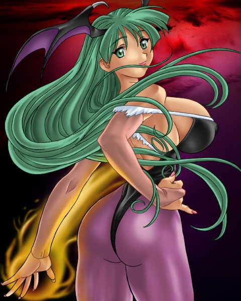 morrigan aensland, capcom, darkstalkers, artist request, 1girl, ass, breasts, covered erect nipples, demon girl, female focus, fire, from behind, green eyes, green hair, head wings, large breasts, long hair, matching hair/eyes, nail polish, pantyhose, pink nails, sideboob, smile, solo, standing, wings