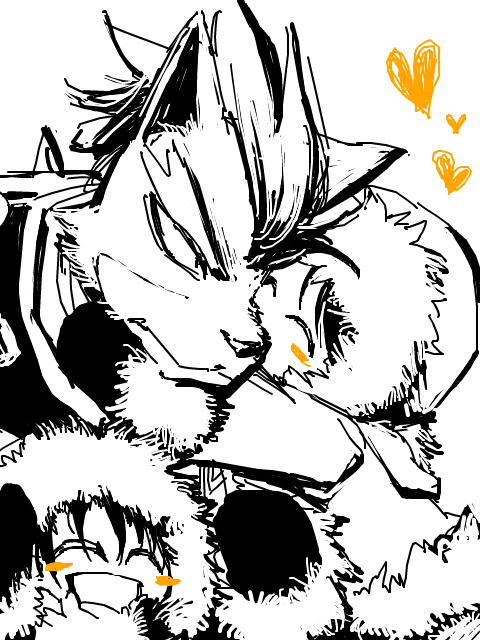 ice climbers, nana (ice climber), popo (ice climber), wolf o'donnell, ice climber, nintendo, star fox, super smash bros., 00s, 1boy, 1girl, blush, furry, gloves, heart, hetero, hug, monochrome, smile, spot color