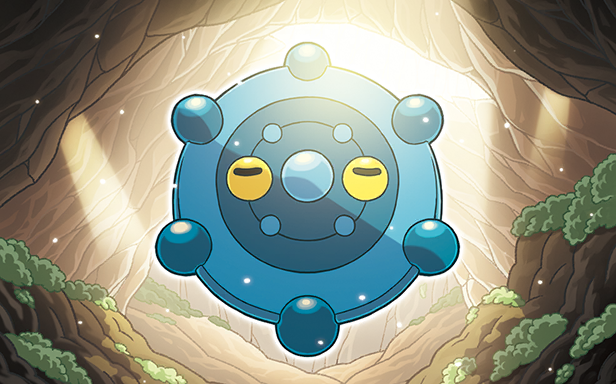 komayama akira, bronzor, nintendo, pokemon, pokemon tcg, official art, third-party source, cave interior, closed eyes, floating, full body, gen 4 pokemon, light particles, light rays, moss, no humans, pokemon (creature), pokemon focus, solo