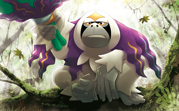 saitou kouki, oranguru, nintendo, pokemon, pokemon tcg, official art, third-party source, animal focus, gen 7 pokemon, holding, moss, no humans, nostrils, outdoors, plant, pokemon (creature), pokemon focus, sitting, solo, teeth, tree, vines