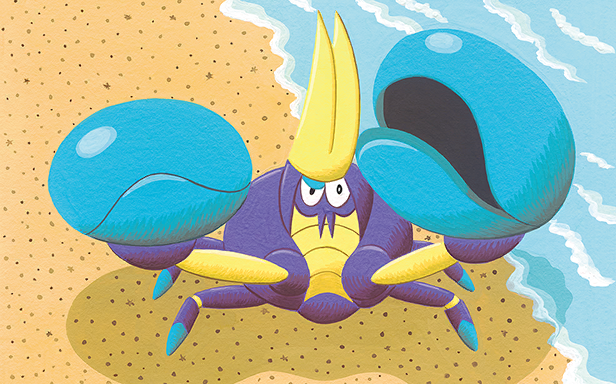 tanaka miki, crabrawler, nintendo, pokemon, pokemon tcg, pokemon tcg pocket, official art, third-party source, animal focus, gen 7 pokemon, no humans, pokemon (creature), pokemon focus, sand, solo, water