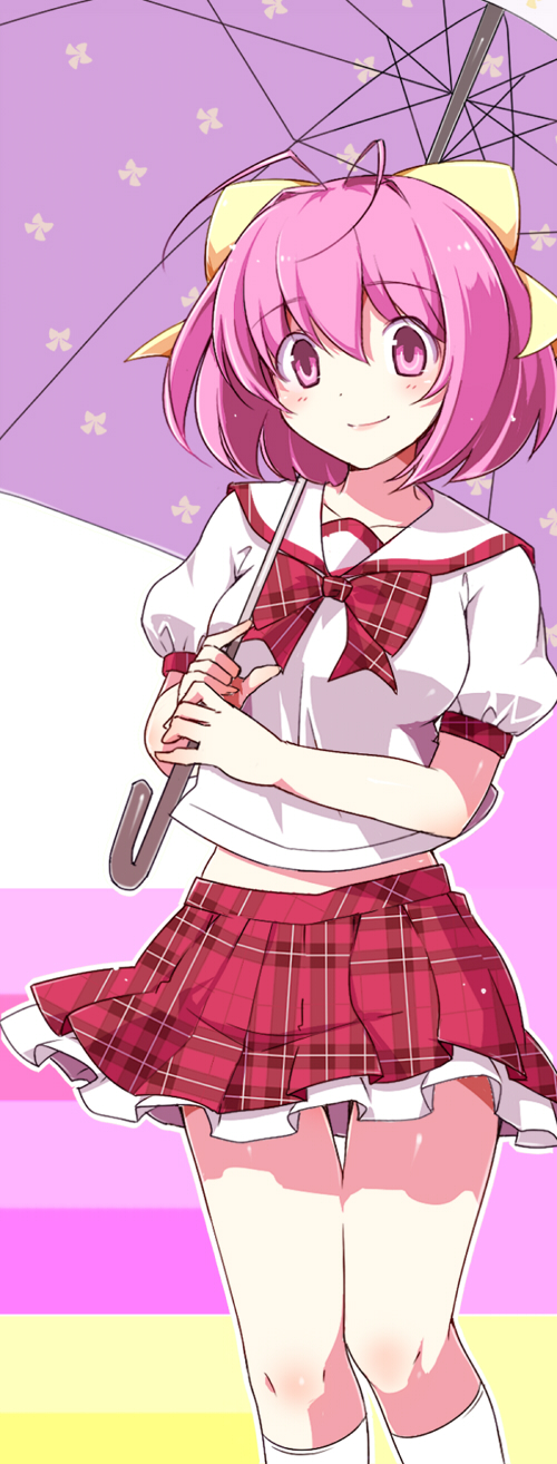 b (kana0816), nakagawa kanon, kami nomi zo shiru sekai, commentary request, highres, 1girl, antenna hair, blush, bow, breasts, closed mouth, collarbone, feet out of frame, floating clothes, hair between eyes, hair bow, head tilt, holding, holding umbrella, kneehighs, large bow, large breasts, looking at viewer, midriff, miniskirt, outline, petticoat, pink eyes, pink hair, plaid bow, plaid clothes, plaid skirt, plaid trim, pleated skirt, puffy short sleeves, puffy sleeves, purple background, purple umbrella, raised eyebrows, red bow, red skirt, red trim, sailor collar, shirt, short hair, short sleeves, simple background, skirt, smile, socks, solo, standing, striped background, thigh gap, umbrella, umbrella over shoulder, white background, white outline, white sailor collar, white shirt, white socks, yellow background, yellow bow