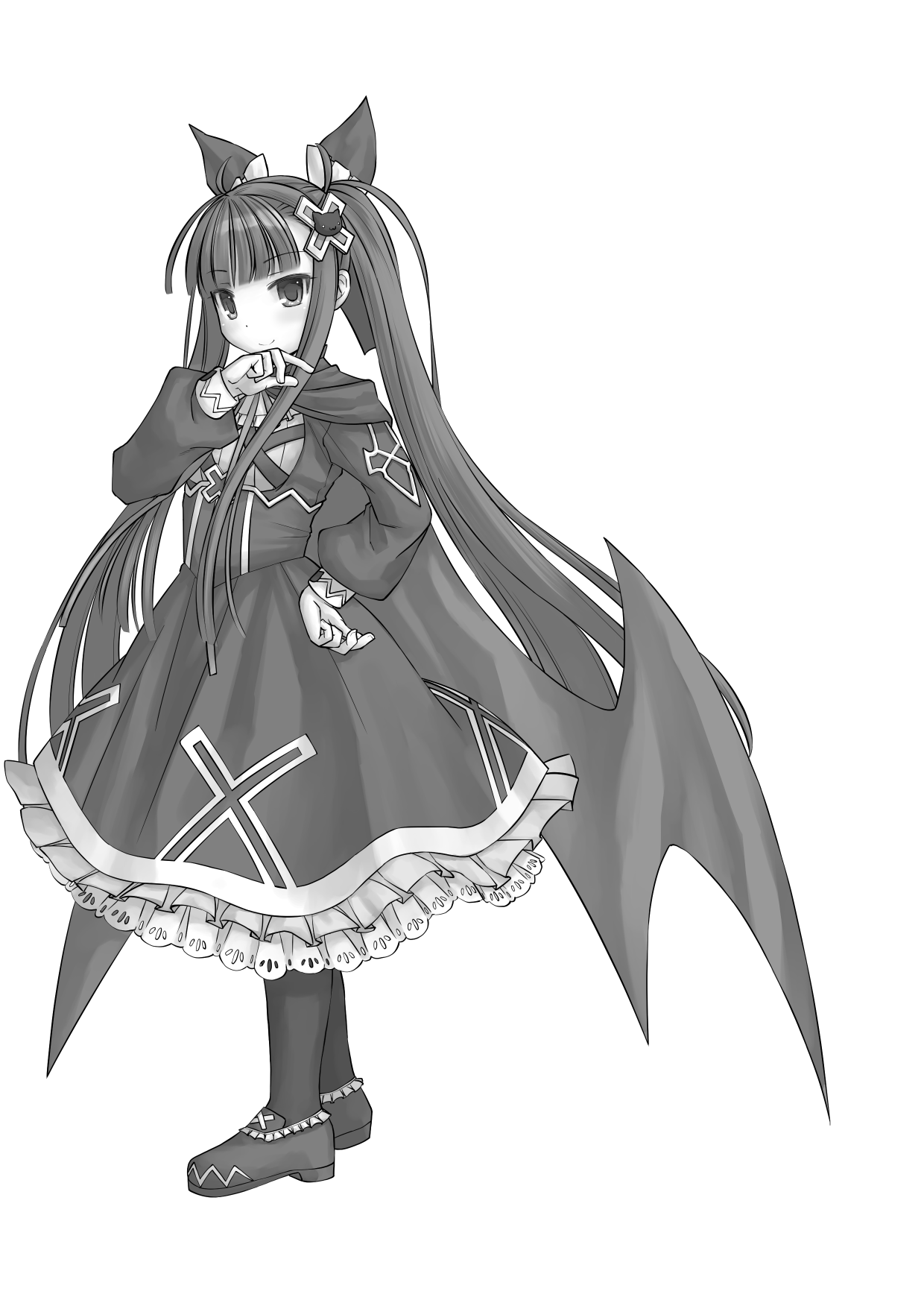 kasuga yukihito, alucard lore, emil chronicle online, highres, 1girl, bow, cloak, cross hair ornament, dress, frilled dress, frills, hair bow, hair ornament, hand on own hip, long hair, monochrome, pantyhose, shoes, solo, standing, twintails, vampire
