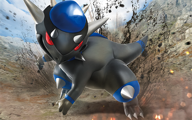 saito yoshinobu, rampardos, nintendo, pokemon, pokemon tcg, official art, third-party source, 3d, animal focus, blue sky, claws, cloud, day, debris, full body, gen 4 pokemon, no humans, nostrils, outdoors, pokemon (creature), pokemon focus, sky, solo, spikes, v-shaped eyebrows