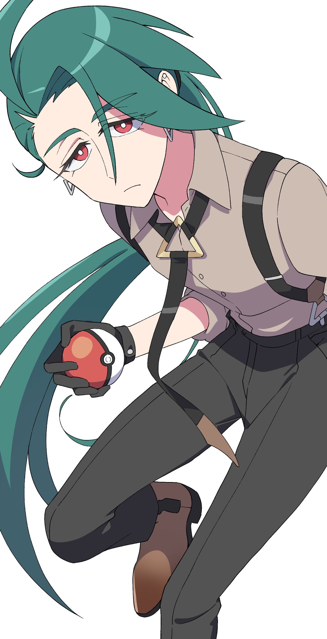 botamochi (exwelder), rika (pokemon), nintendo, pokemon, pokemon sv, highres, 1girl, ahoge, androgynous, black gloves, black necktie, black pants, bright pupils, brown shoes, closed mouth, collared shirt, earrings, full body, gloves, green hair, holding, holding poke ball, jewelry, long hair, looking at viewer, necktie, pants, poke ball, ponytail, red eyes, reverse trap, shirt, shoes, simple background, solo, standing, suspenders, triangle earrings, white background, white pupils