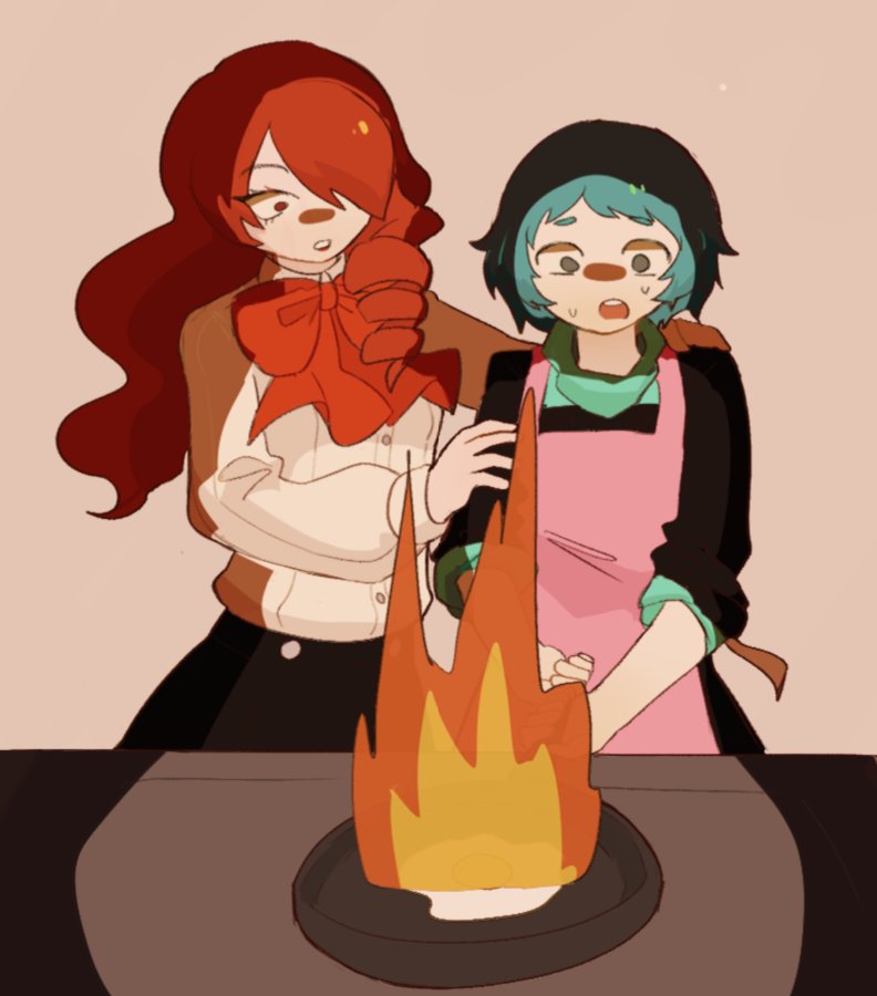 sasibowol, kirijou mitsuru, yamagishi fuuka, persona, persona 3, commentary request, korean commentary, 2girls, apron, aqua hair, black skirt, blush, bow, bowtie, burning, cooking, fire, fried egg, frying pan, gekkoukan high school uniform, grey background, hair over one eye, hand on another's arm, hand on another's shoulder, holding, holding frying pan, long hair, long sleeves, multiple girls, open mouth, pink apron, red bow, red bowtie, red hair, school uniform, shirt, short hair, simple background, skirt, standing, sweat, white shirt