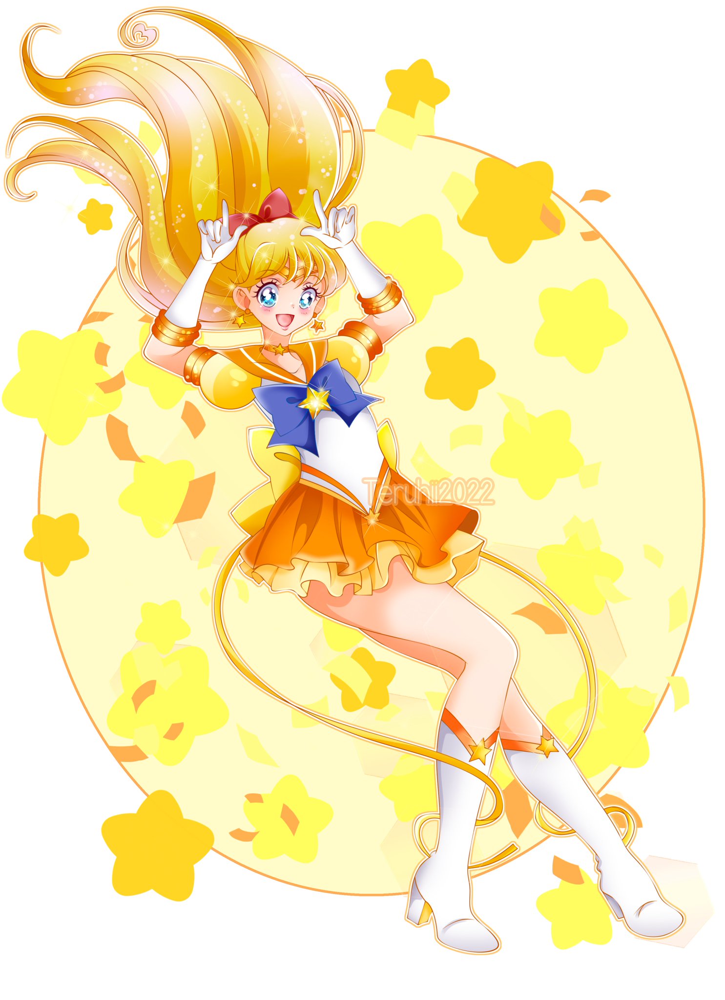 teruhii, aino minako, sailor venus, super sailor venus (stars), bishoujo senshi sailor moon, highres, back bow, blonde hair, blue bow, blue bowtie, blue eyes, boots, bow, bowtie, brooch, choker, elbow gloves, floating hair, gloves, high heel boots, high heels, jewelry, layered skirt, lips, long hair, orange choker, orange sailor collar, orange skirt, orange sleeves, pointing, pointing up, puffy short sleeves, puffy sleeves, red bow, sailor collar, shirt, short sleeves, skirt, smile, star (symbol), star brooch, star choker, white boots, white gloves, white shirt, yellow bow