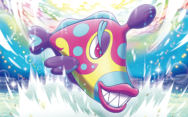mizue, bruxish, nintendo, pokemon, pokemon tcg, official art, third-party source, animal focus, aqua eyes, eyelashes, fish, full body, gen 7 pokemon, no humans, pink eyes, pink lips, pokemon (creature), pokemon focus, sharp teeth, smile, solo, splashing, teeth, water