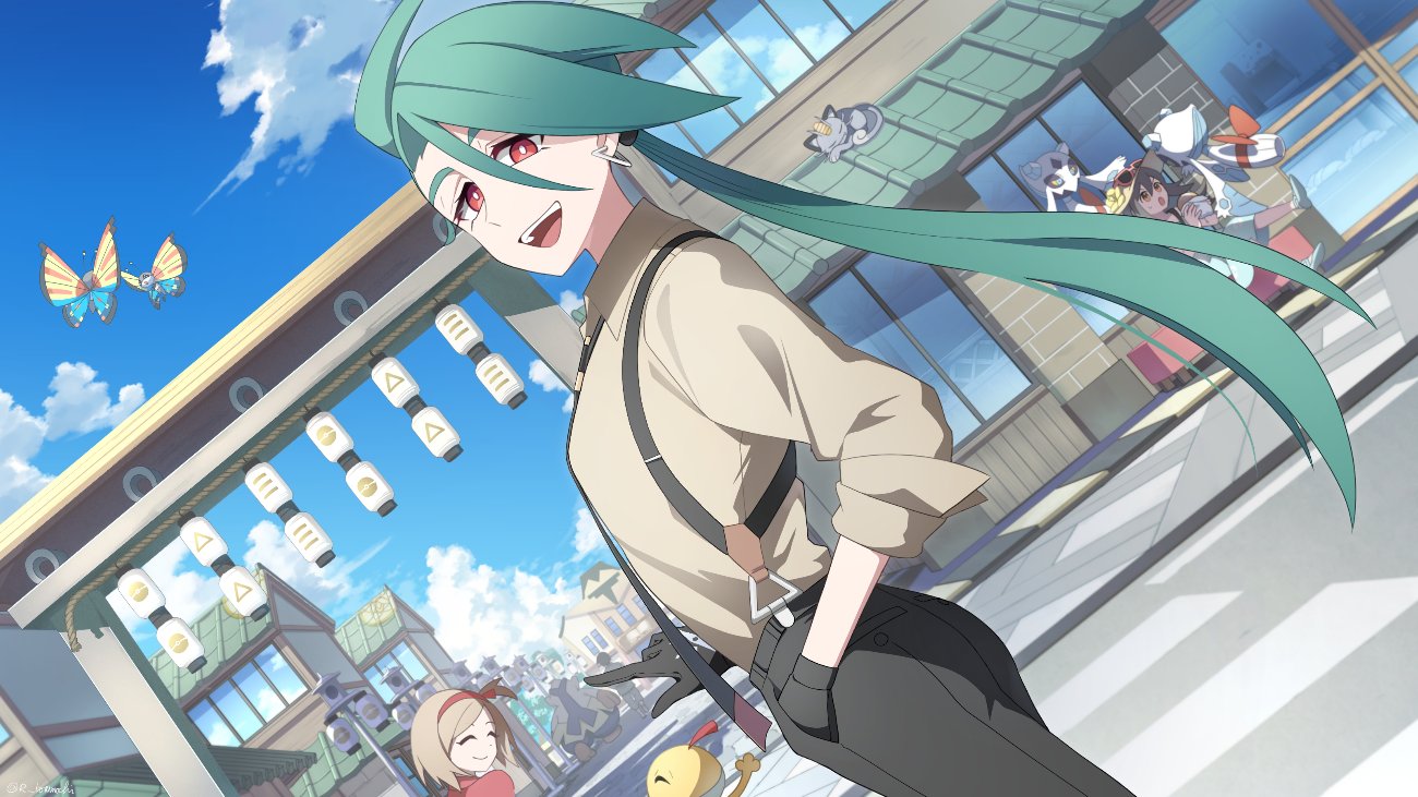 botamochi (exwelder), alolan meowth, froslass, hariyama, rika (pokemon), scraggy, vivillon, vivillon (ocean), nintendo, pokemon, pokemon sv, 1girl, :d, alolan form, androgynous, black gloves, black necktie, black pants, bright pupils, collared shirt, earrings, gen 3 pokemon, gen 4 pokemon, gen 5 pokemon, gen 6 pokemon, gen 7 pokemon, gloves, green hair, jewelry, long hair, looking at viewer, necktie, open mouth, outdoors, pants, pokemon (creature), ponytail, red eyes, reverse trap, shirt, smile, solo focus, standing, suspenders, triangle earrings, upper body, white pupils, yellow shirt