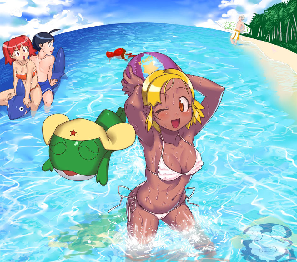 angol mois, hinata fuyuki, hinata natsumi, keroro, tamama, keroro gunsou, tagme, bandeau bikini, beach, blonde hair, cameltoe, dark skin, water, wet, yellow eyes