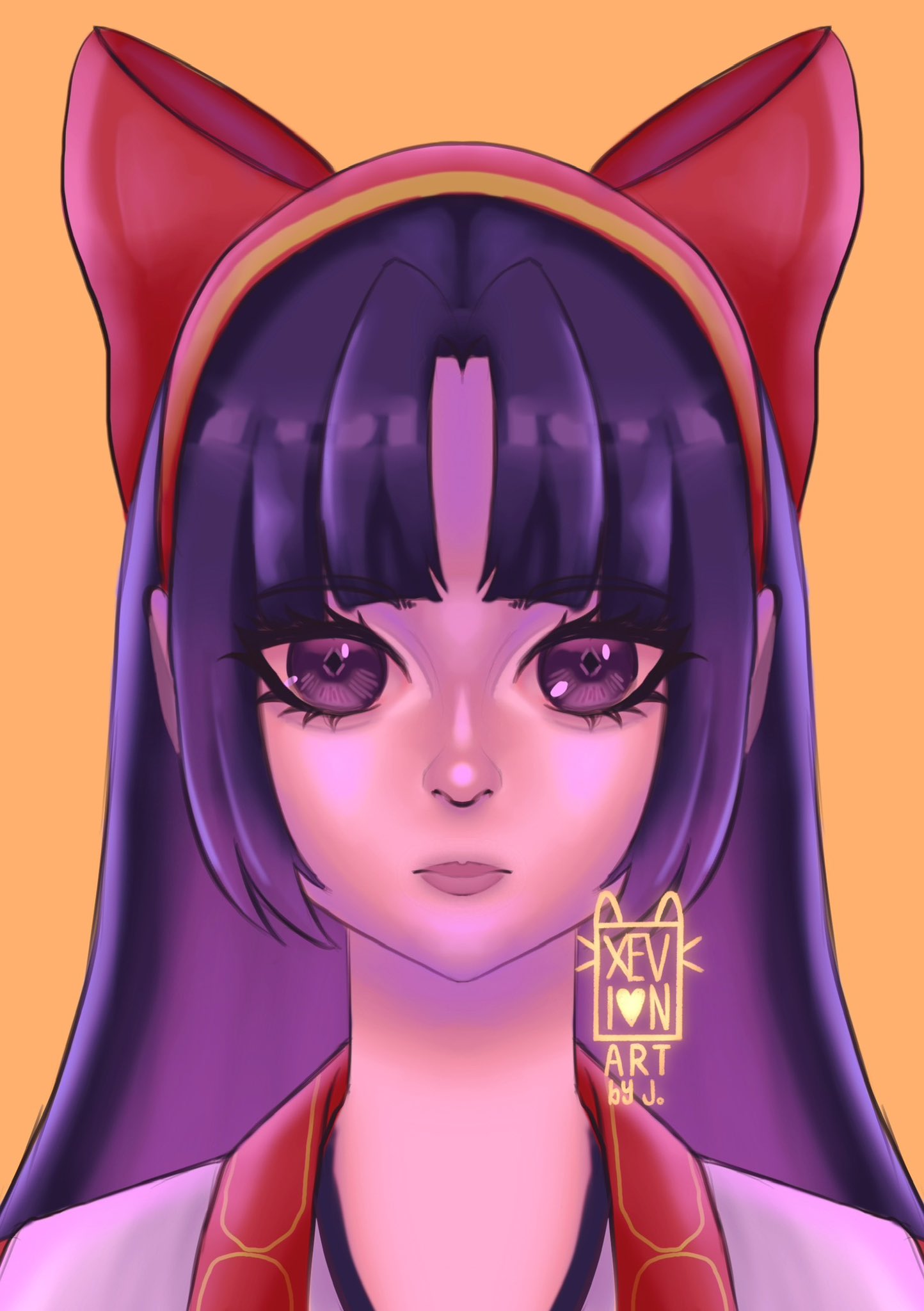 nakoruru, samurai spirits, snk, the king of fighters, the king of fighters xv, highres, 1girl, ainu clothes, artist name, expressionless, hair ribbon, long hair, looking at viewer, pink lips, purple eyes, purple hair, ribbon, solo
