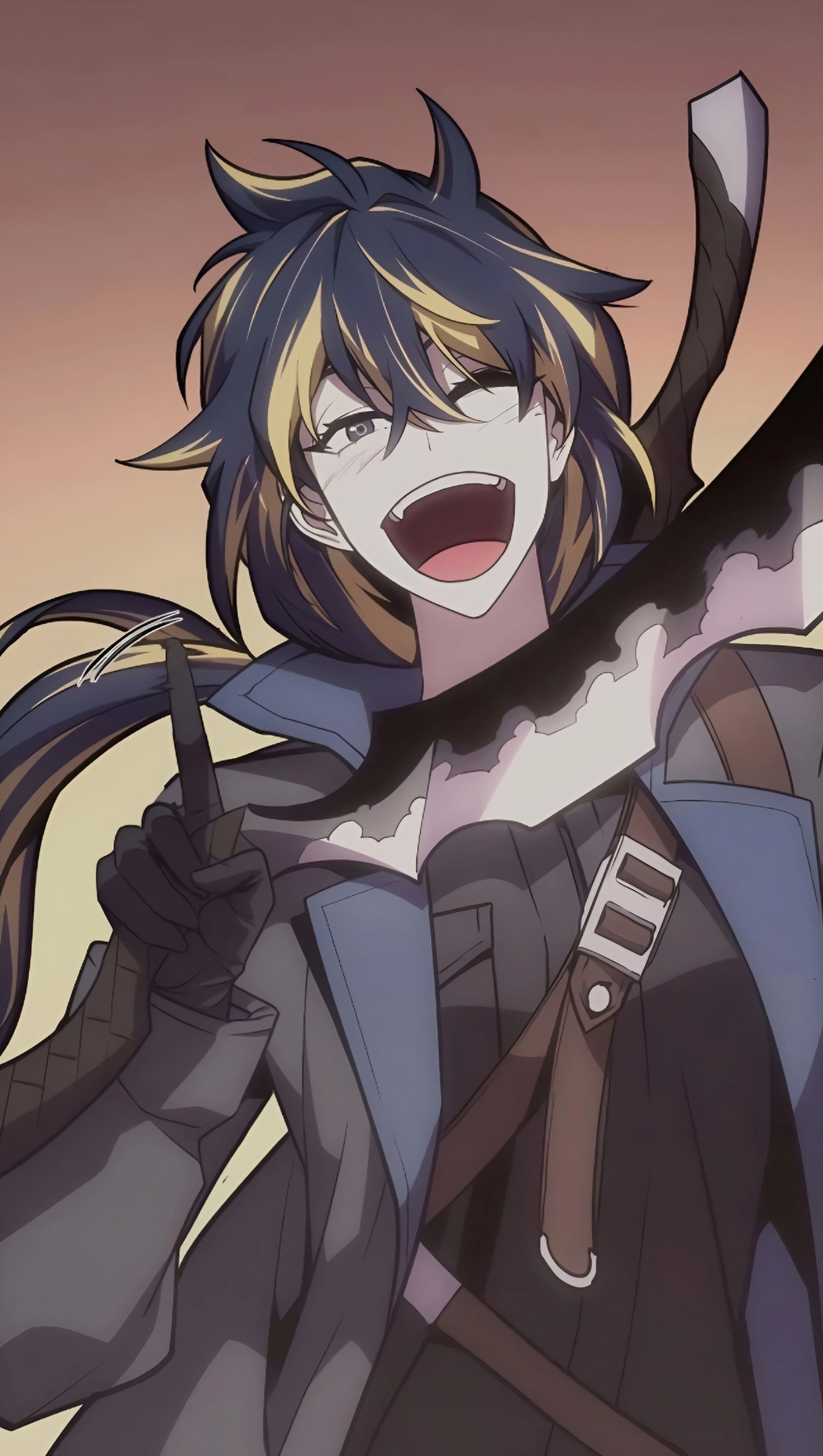 carly collins, the return of the disaster-class hero, non-web source, 1girl, arm up, black gloves, black hair, black jacket, blonde hair, braid, braided ponytail, gloves, jacket, long hair, long sleeves, motion lines, multicolored hair, one eye closed, smile, solo, sword, two-tone hair, weapon