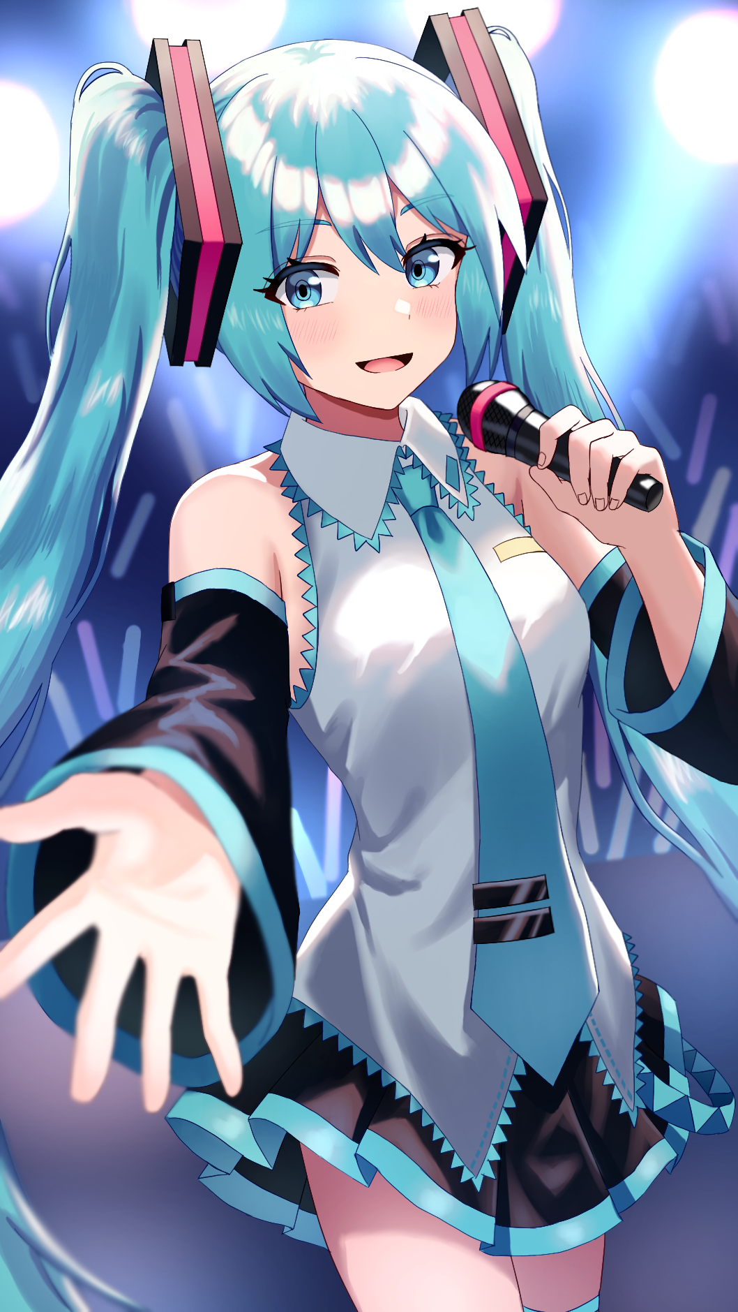 hatsune miku, vocaloid, highres, 1girl, aqua eyes, aqua hair, aqua necktie, bare shoulders, black sleeves, blue eyes, blue hair, blush, breasts, detached sleeves, grey shirt, hair between eyes, hair ornament, holding, holding microphone, jin illust, long hair, looking at viewer, microphone, necktie, open mouth, reaching, reaching towards viewer, shirt, simple background, skirt, sleeveless, sleeveless shirt, smile, solo, thighhighs, twintails, very long hair