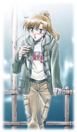 takano saku, kino makoto, bishoujo senshi sailor moon, 1990s (style), 1girl, brown hair, can, casual, female focus, green eyes, high ponytail, hood, hooded coat, hoodie, long hair, ponytail, retro artstyle, solo