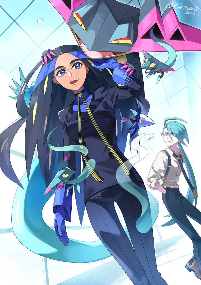 botamochi (exwelder), dragapult, dreepy, geeta (pokemon), glimmet, rika (pokemon), nintendo, pokemon, pokemon sv, highres, 1girl, 2girls, ahoge, androgynous, black gloves, black hair, black jacket, black necktie, black pants, blue background, blue eyes, blue gloves, blue shirt, bright pupils, collared shirt, colored sclera, dark-skinned female, dark skin, dragon, gen 8 pokemon, ghost, gloves, green hair, jacket, long hair, looking at another, multiple girls, neck ribbon, necktie, open mouth, pants, pink claws, pokemon (creature), ponytail, red eyes, reverse trap, ribbon, shirt, simple background, standing, suspenders, upper body, white pupils, white shirt, yellow ribbon, yellow sclera