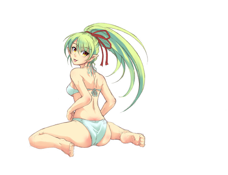 hagure neko, bikini, green hair, long hair, looking back, pointy ears, ponytail, solo, swimsuit, tongue, yellow eyes