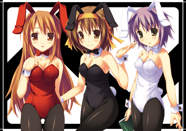 fujiwara tooya, asahina mikuru, nagato yuki, suzumiya haruhi, suzumiya haruhi no yuuutsu, silver hair, 00s, 3girls, animal ears, brown eyes, brown hair, fake animal ears, long hair, multiple girls, pantyhose, playboy bunny, rabbit ears, short hair, yellow eyes
