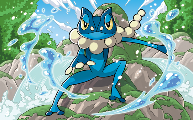 komayama akira, frogadier, nintendo, pokemon, pokemon tcg, pokemon tcg pocket, official art, third-party source, black eyes, blue sky, bright pupils, closed mouth, cloud, colored sclera, day, full body, gen 6 pokemon, moss, on rock, outdoors, pokemon (creature), pokemon focus, rock, sky, smile, solo, water, white pupils, yellow sclera