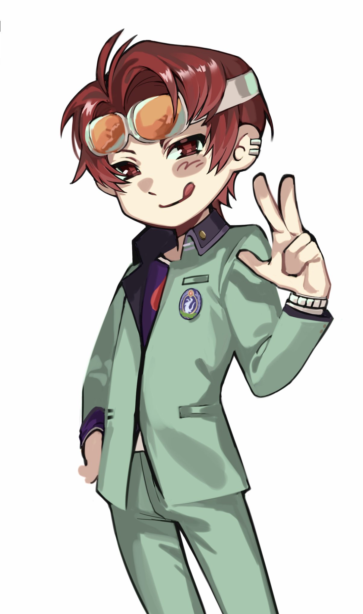 uesugi hidehiko, persona, persona 1, commentary, commentary request, english commentary, highres, korean commentary, mixed-language commentary, second-party source, 1boy, blush, closed mouth, goggles, goggles on head, green jacket, green pants, hand up, jacket, kkkp010101, licking lips, long sleeves, looking at viewer, male focus, pants, red eyes, red hair, school uniform, short hair, simple background, smile, solo, st. hermelin school uniform, standing, tongue, tongue out, white background