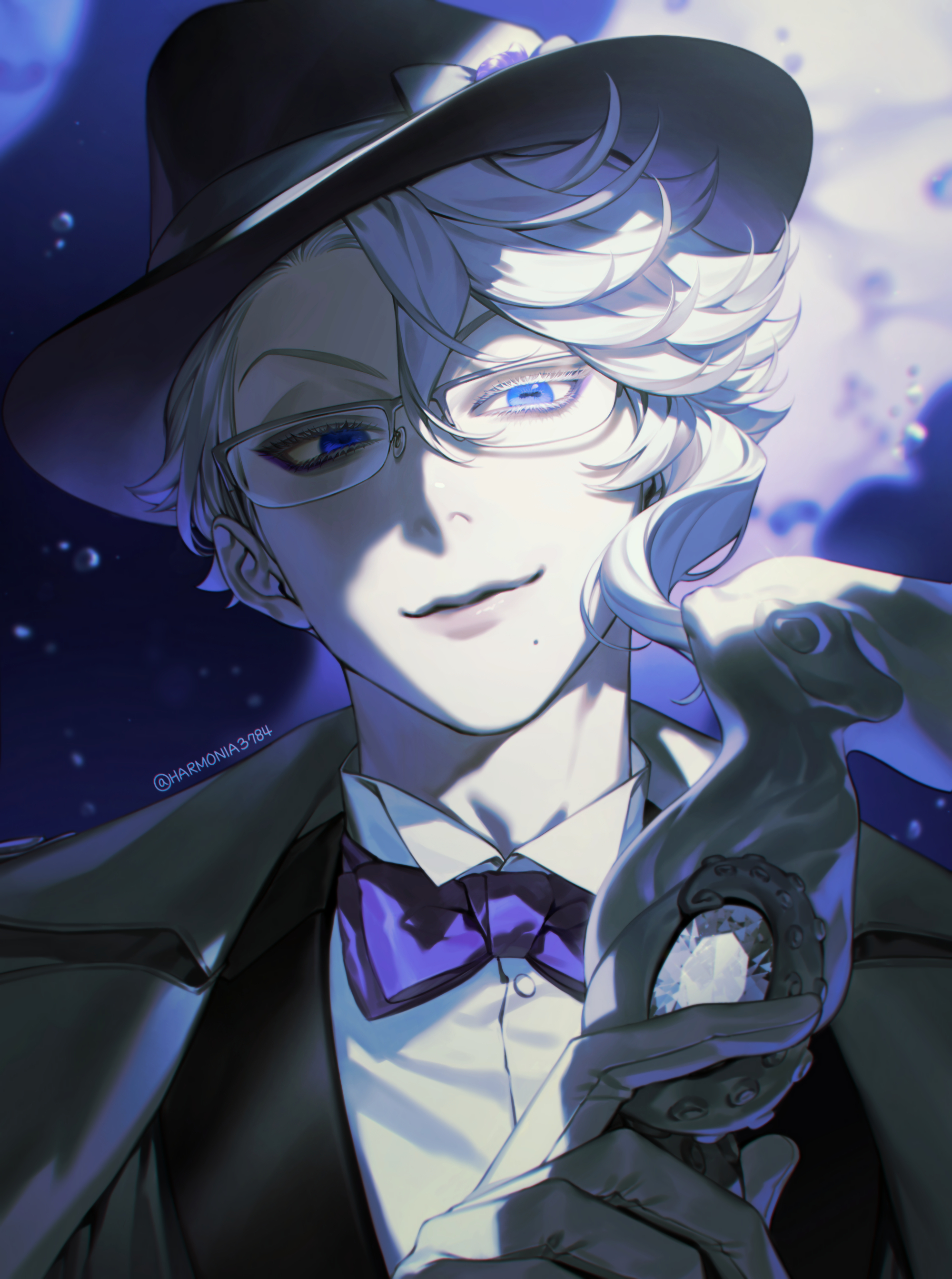 amandasu, azul ashengrotto, twisted wonderland, absurdres, commentary request, highres, korean commentary, 1boy, blue eyes, bow, bowtie, glasses, hat, light smile, lips, looking at viewer, male focus, mole, mole under mouth, purple bow, purple bowtie, semi-rimless eyewear, solo, twitter username, upper body